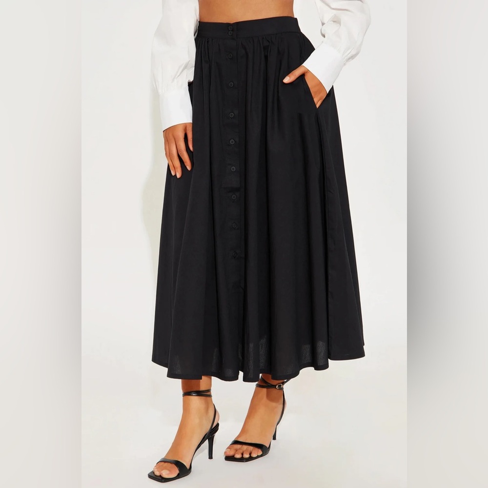 NWT Hunter & Brown Cotton Black High Waist Button-Up Midi Skirt with Pockets